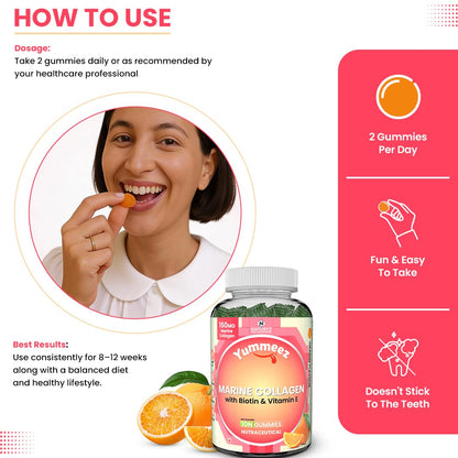 Naturyz Marine Collagen Gummies for Skin Health with Hyaluronic Acid, Vitamin C, Vitamin E & Biotin | Supports Skin Elasticity, Hydration & Glow | Easy-to-Absorb Collagen Gummy | No Added Sugar, Delicious Taste- 10 count (Orange Flavor)