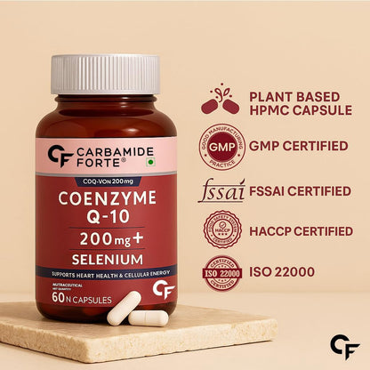 Carbamide Forte Coenzyme Q10 (CoQ10) 200mg with Selenium 40mcg | Supports Heart Health and Vascular Health | 100% Vegetarian â€“ 60 Capsules
