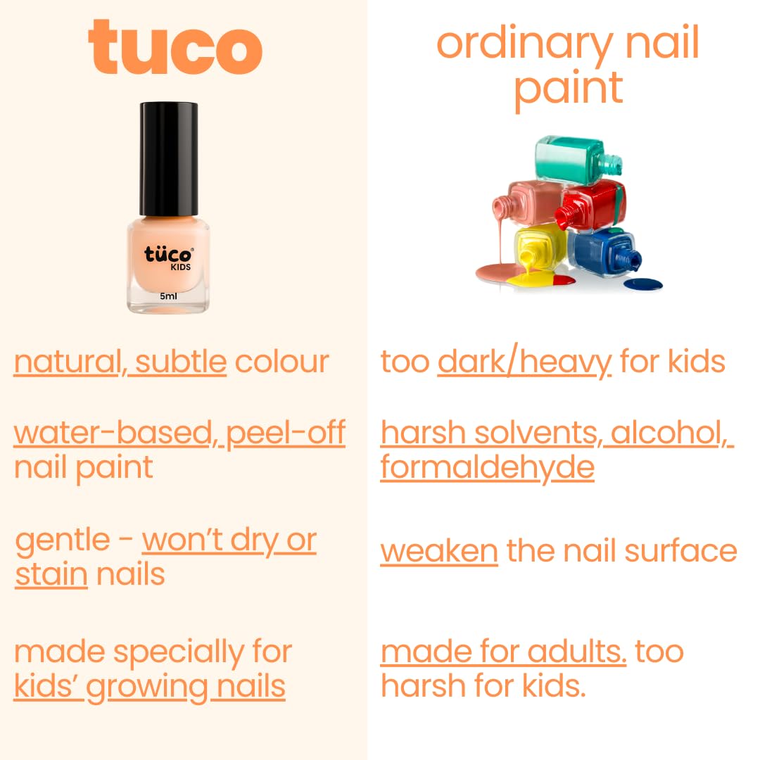 TucoÂ® Kids Water Based Safe Nail Polish for girls | Easy to Peel Off, Non Toxic, Natural & Safe for Kids | Play Safe with Chemical Free Nails for Daughters | Pack of 1x5ml | Orange