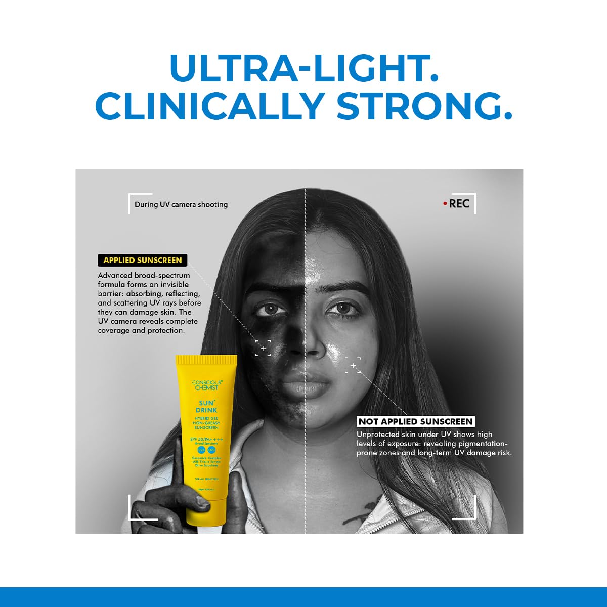 Conscious ChemistÂ® Dewy Ceramide Sunscreen SPF 50 PA++++ In-Vivo Tested | For Oily Skin | UVA/UVB & Blue Light Protection | Fragrance-Free | For Men & Women, All Skin Type - Sun Drink | 20g