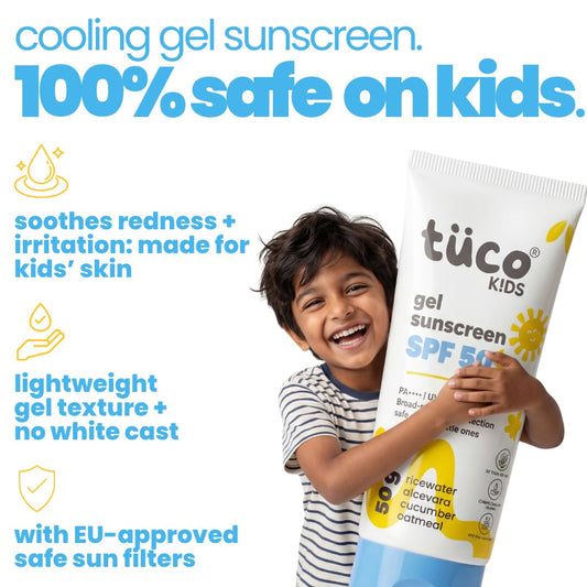 Tuco® Kids Gel Sunscreen SPF 50 with Aloe Vera | UVA/UVB PA++++ | Broad Spectrum Protection | Benzophenone- 3 and Avobenzone Free | Ages 2-5, 5-10, 10-15 | 50gm