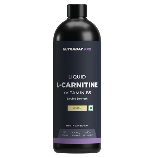 Nutrabay Pro Liquid L-Carnitine (3000mg) with Vitamin B5 â€“Pre/Post Workout â€“ 450ml, Lemon, 30 Servings | Tested for Purity | 100% Authentic Metabolism Booster for Weight Loss Support | 2X Strength