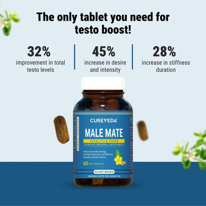 Cureveda Herbal Male Mate | Testosterone Support Supplement For Men | Tribulus, Mucuna, Safed Musli | 60 tab