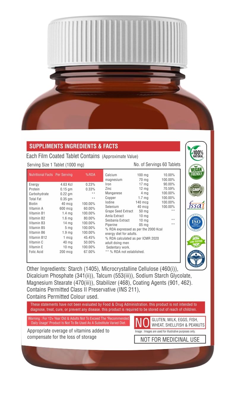The Body Reserve Plant-Based Biotin Tablets - 60 Veg Tablets, Biotin from Sesbania Extract with Amla & Grapeseed - Supports Hair, Skin, and Nails - For Men & Women