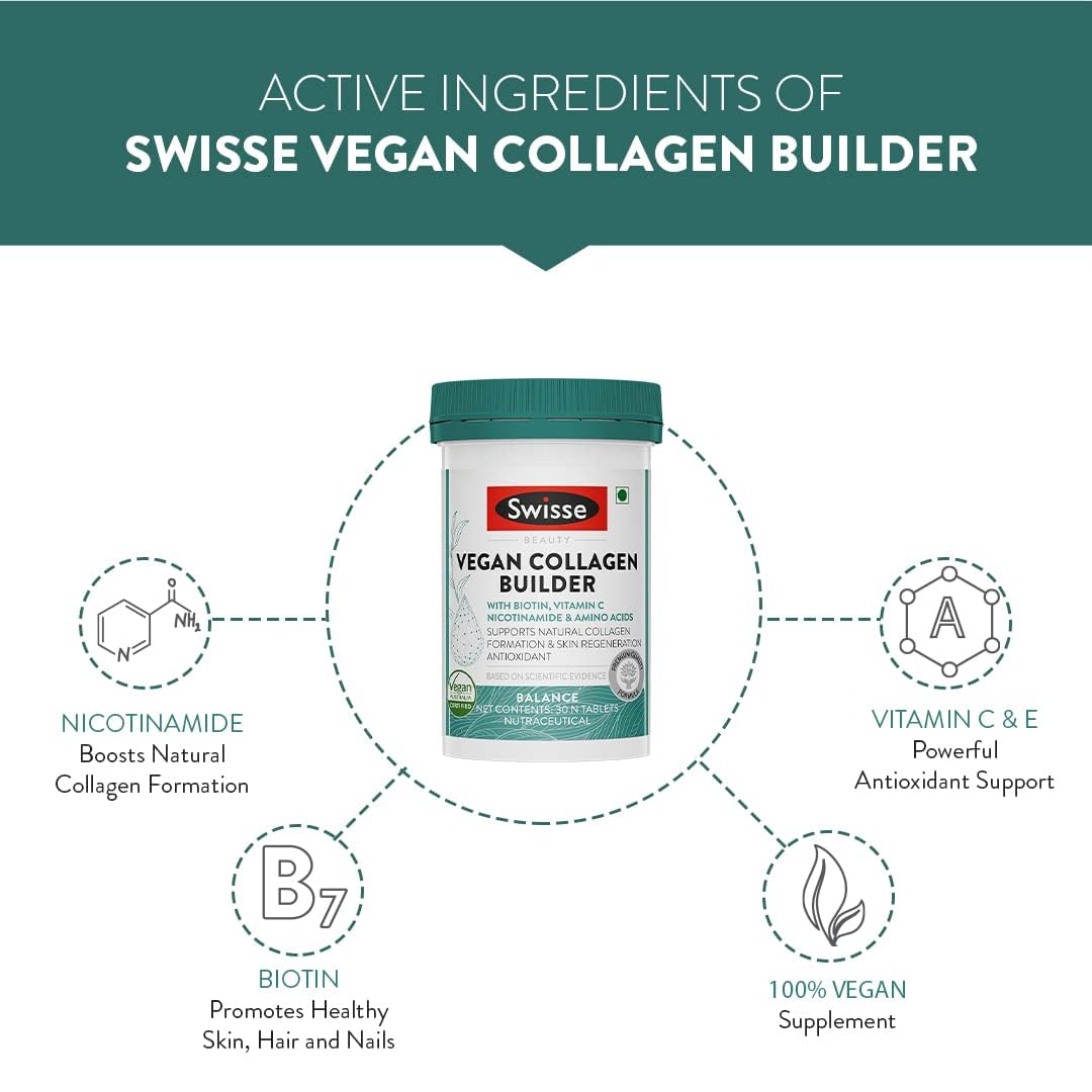 Swisse Vegan Collagen Builder with Biotin & Vitamin C, Supports Natural Collagen Formation & Skin Regeneration (Vegan Certified) - 30 Tablets (For Both Men & Women) Australiaâ€™s No.1 Beauty Nutrition Brand