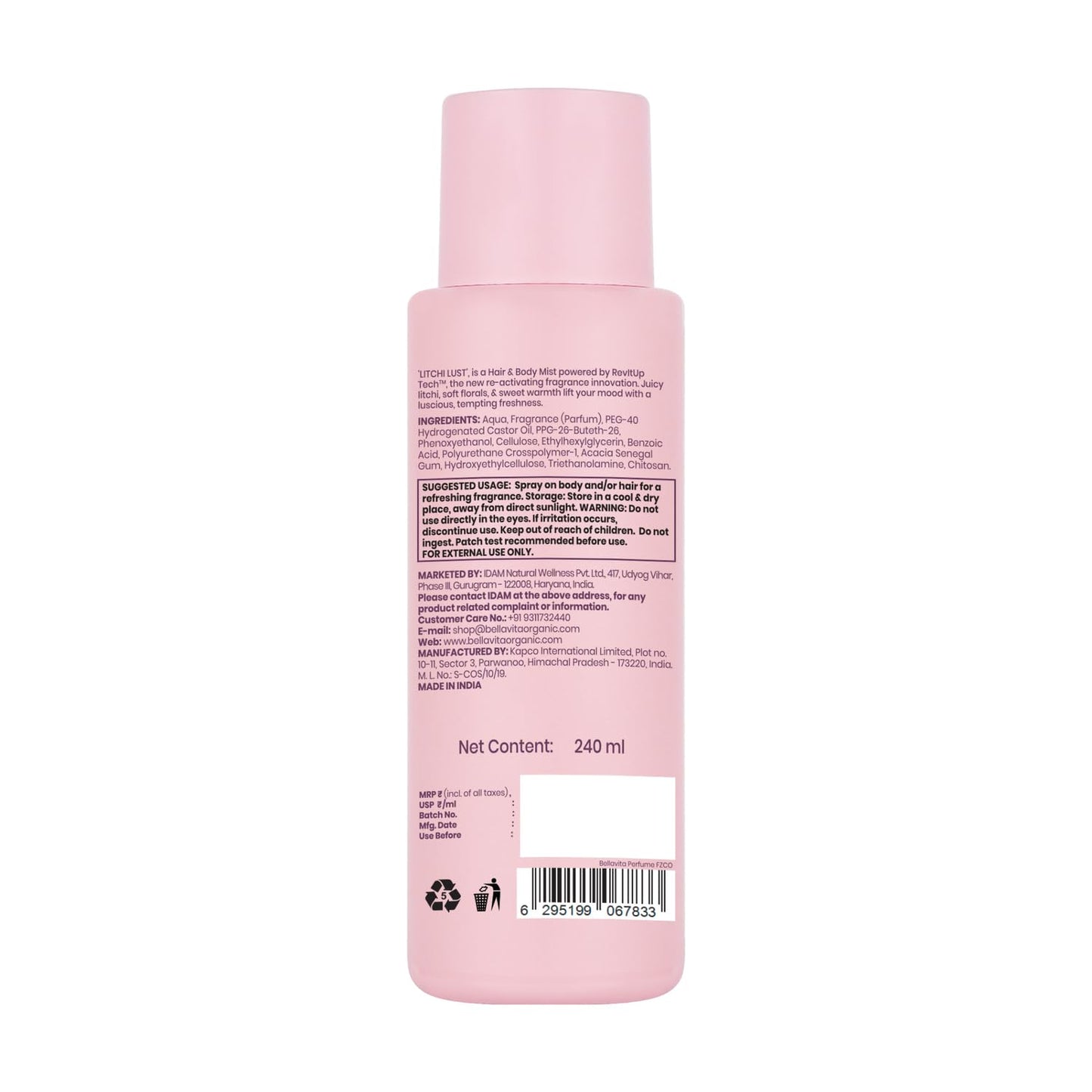 Bellavita Litchi Lust | 2 in 1 Hair and Body Mist | 240ml | Long Lasting Premium Body Mist for Woman, Girl | Water based formulation