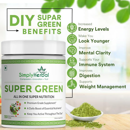 Simply Herbal Super Greens & Herbs Mix â€“ Detox & Digestive Support with Spirulina, Amla, Chlorella & Antioxidants â€“ 150g