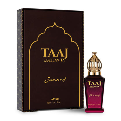 BELLAVITA TAAJ Jannat Unisex Long Lasting Attar for Man and Woman 12ml | Cinnamon, Oud, Cedar, Patchouli and Tonka Bean | Non-Alcoholic Roll On | Ideal Gift