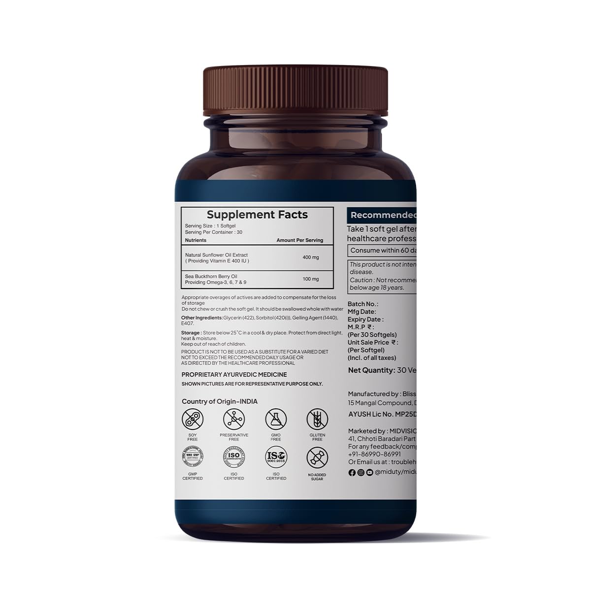 Miduty by Palak Notes Pure Natural Vitamin E Capsules, Enhanced with Omega-3-6 - 7-9 - Sea Buckthorn Berry Oil - Boosts Immunity - Balance cholesterol - Better Heart health - 30 Softgel
