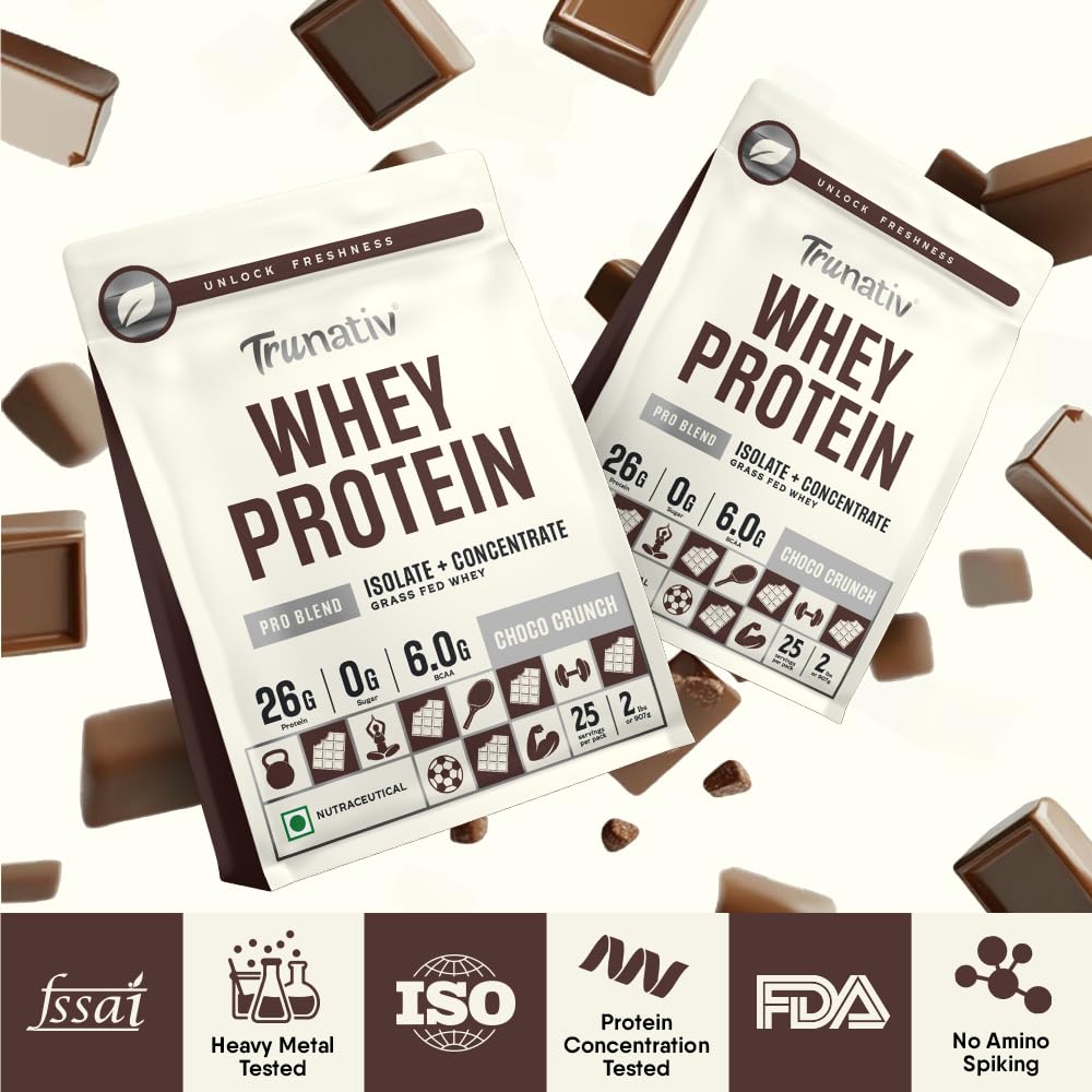 Trunativ Pro Blend Whey Protein Powder Isolate & Concentrate | 100% Light & Clean Protein Powder | 26g Protein | 6g BCAA | 12.52g EAA | No added sugar | Choco Crunch 2lbs (907g)