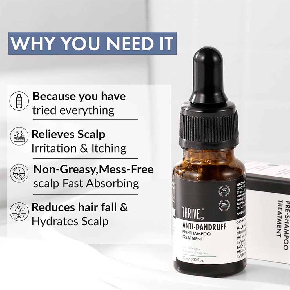 ThriveCo Anti Dandruff Hair Serum Pre-Shampoo Dandruff Treatment for Itchy, Dry & Flaky Scalp | With Octopirox, Pentavitin & Arginine | Reduces Hair Breakage & Strengthens Hair for Men & Women | 10ml