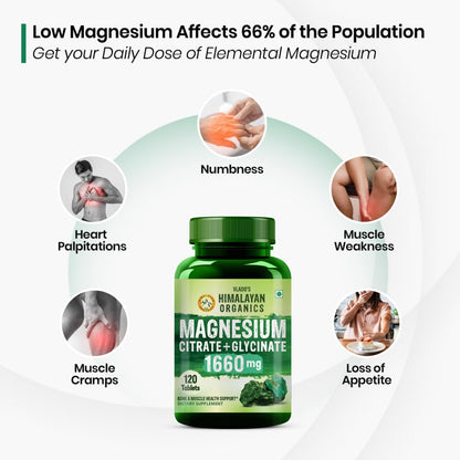 Vladoâ€™s Himalayan Organics Magnesium Citrate + Glycinate + Oxide Complex 1660 mg - Triple Magnesium Complex Supplement For Men And Women | Boost Heart, Nerve & Muscle Health | Good For Strong Bones | Clinically Proven - 120 Vegetarian Tablets