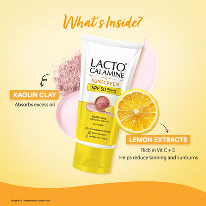 Lacto Calamine Sunscreen SPF 50 | 100g | PA ++++ Sunscreen For Oily Skin | UVA â€“ UVB | Water Resistant & No White Cast | With Kaolin Clay, Vitamin E & Lemon Extracts | Paraben Free