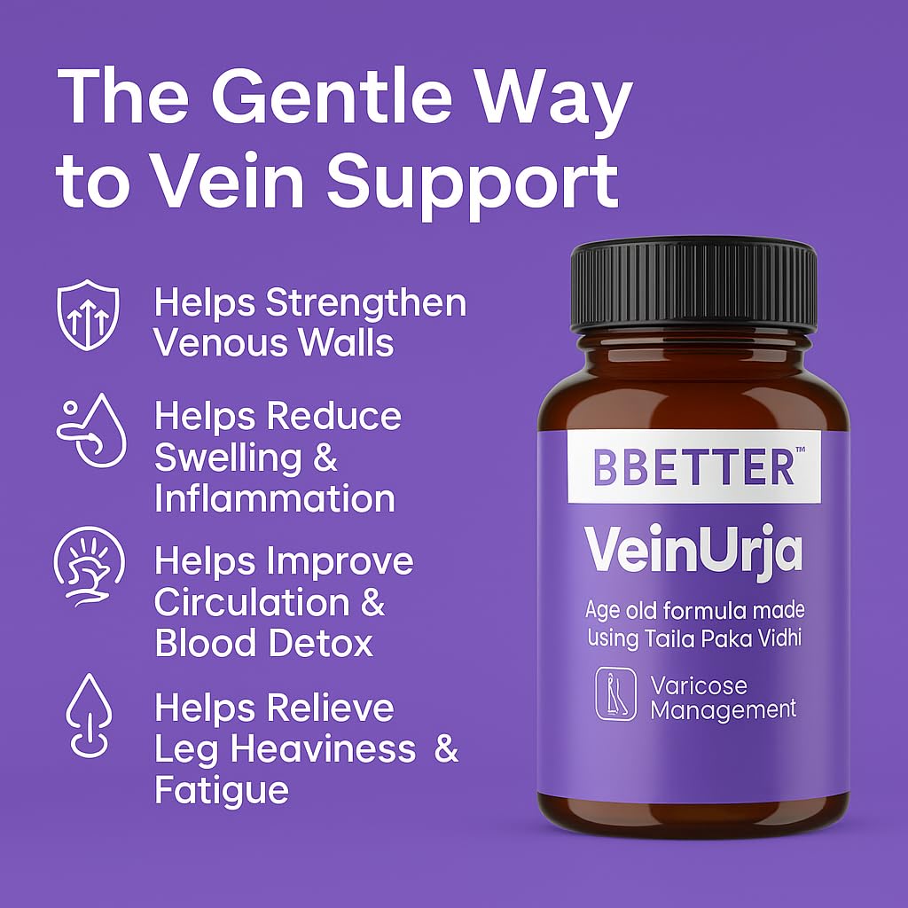BBETTER VeinUrja Varicose Vein Support | Ayurvedic Supplement for Leg Swelling, Heaviness & Pain Relief | Natural Circulation & Vein Health Formula | 60 Softgels