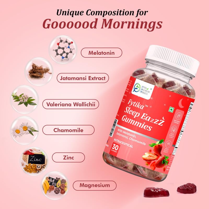 Fytika Melatonin Gummies 5mg - 30 Gummies (Pack of 1)| for Men & Women | Jatamansi, Chamomile, Valeriana, Zinc & Magnesium | No Added Sugar | Natural Strawberry Flavour