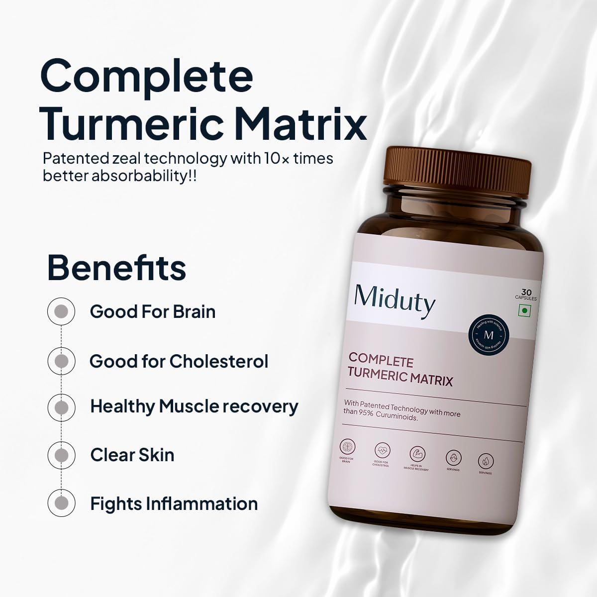 Miduty by Palak Notes Complete Turmeric Matrix Curcumin Capsules For Relieving Muscle Pain - Lower Cholesterol - Anti-inflammatory - Increase memory power - Skin Health - 30 Capsules