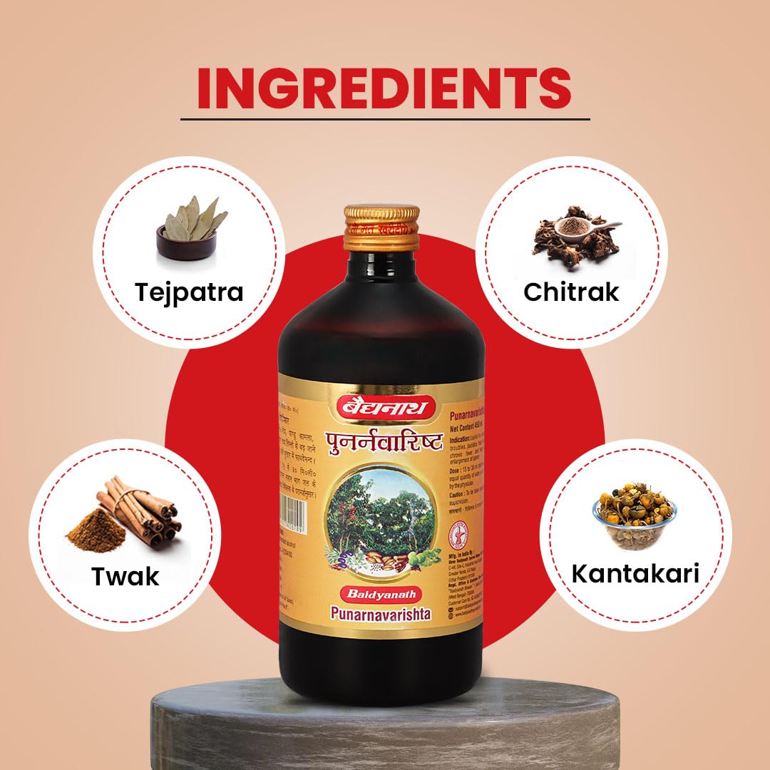 Baidyanath Ayurved Punarnavarishta - 450ML | An Ayurvedic Formulation Helpful In Liver & Kidney Disorders, Body Pains, Skin Diseases