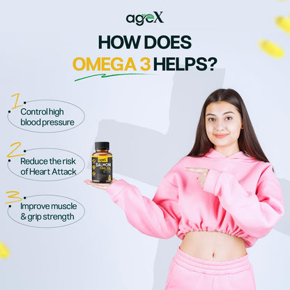 Omega 3 Fish Oil Capsules 1000mg | 180mg EPA + 120mg DHA | High Absorption Triglyceride Form | No Fishy Burps | Mercury-Free Salmon Oil | 60 Softgels (Pack of 1)