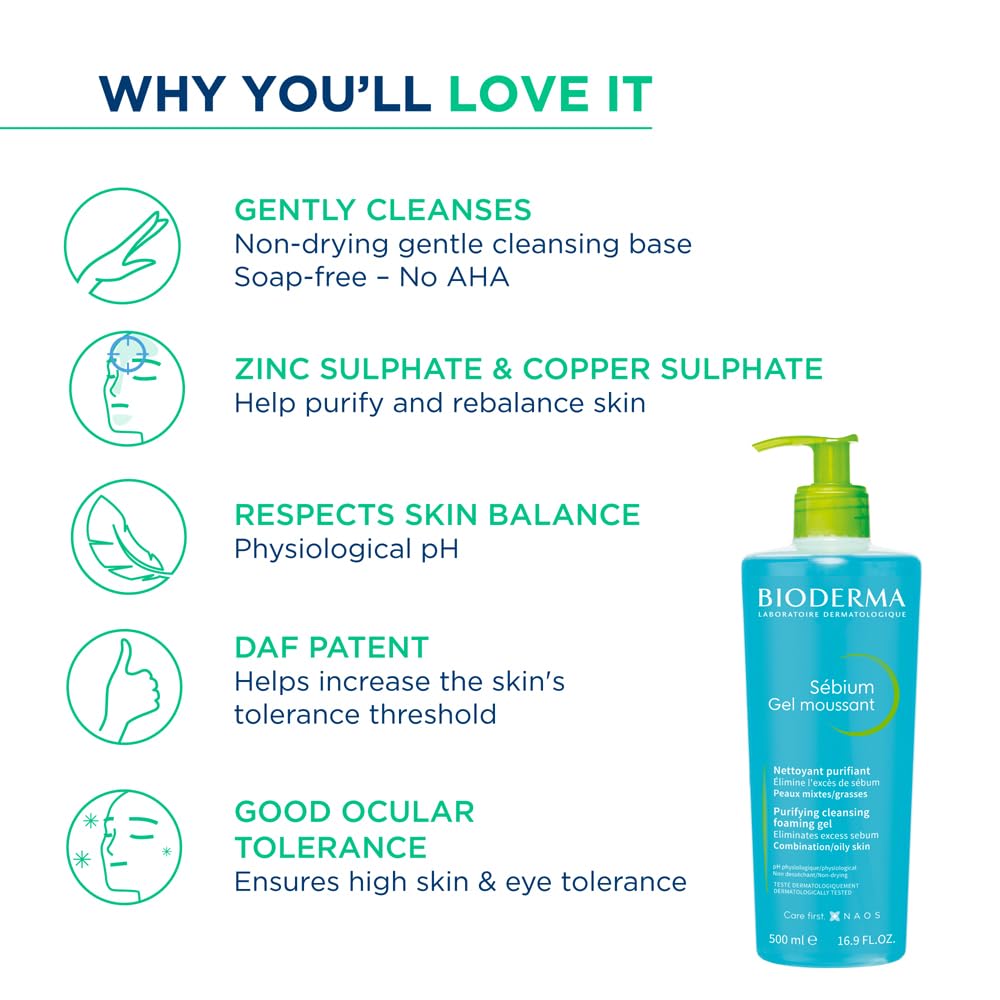 Bioderma Sebium Gel Moussant Purifying Cleansing Foaming Gel Combination To Oily Skin, 500ml
