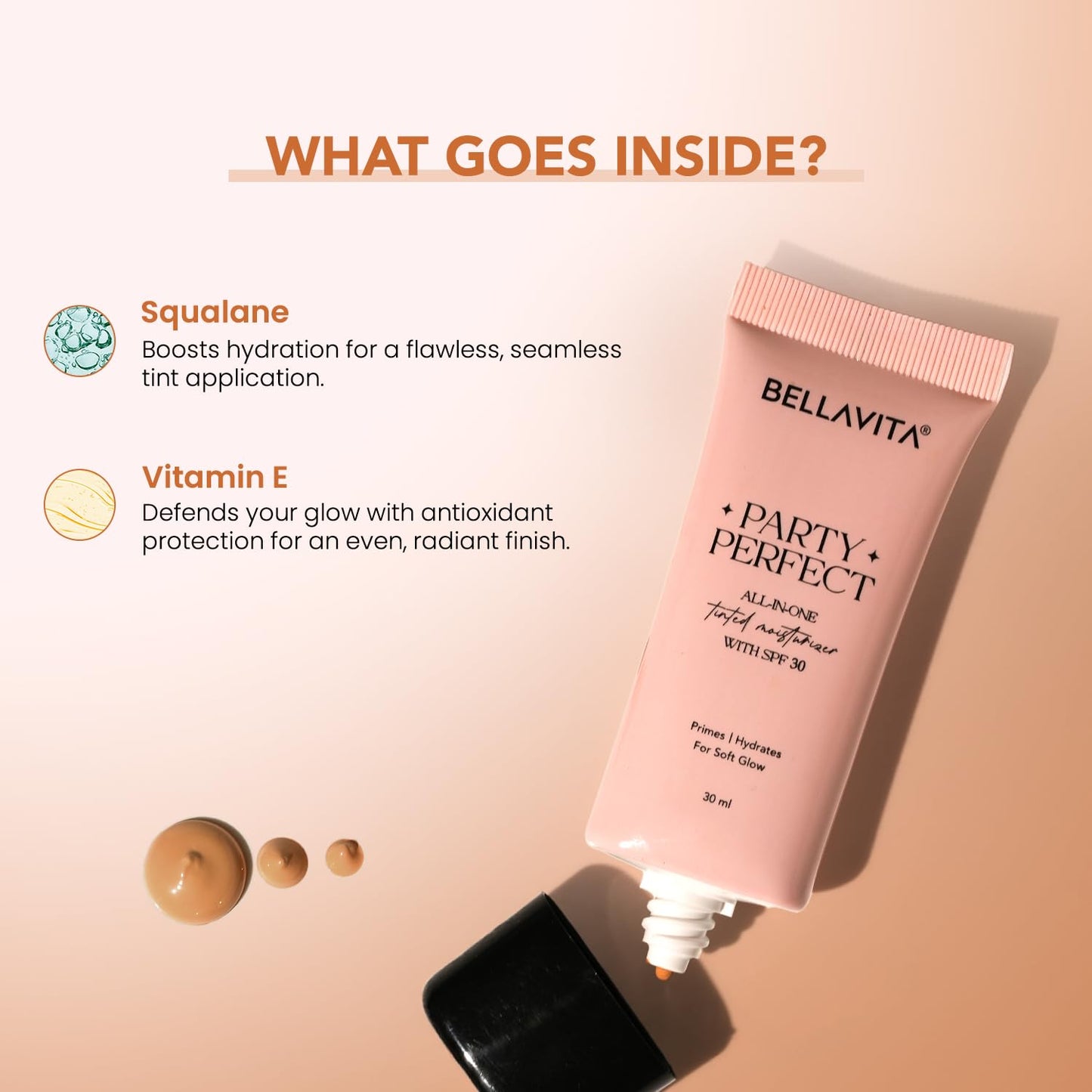 BELLAVITA Party Perfect All-in-one Tinted Moisturizer with SPF 30 | Hydrating Skin Tint, Face Primer & Sunscreen | Lightweight Formula with Adaptive Tint for Natural, Dewy Glow | 30ml (Medium Shade)