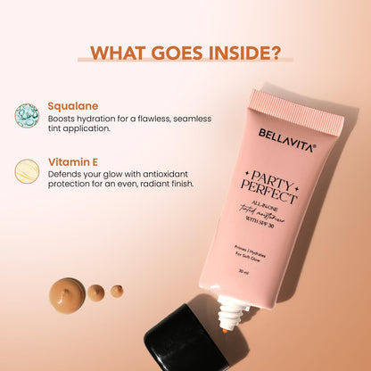 BELLAVITA Party Perfect All-in-one Tinted Moisturizer with SPF 30 | Hydrating Skin Tint, Face Primer & Sunscreen | Lightweight Formula with Adaptive Tint for Natural, Dewy Glow | 30ml (Medium Shade)