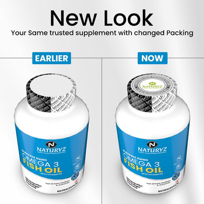 NATURYZ BURPFREE OMEGA 3 Fish Oil 2000 Mg with Vitamin D3 | No Fishy Burps | Extracted from Sardines & Anchovies | EPA & DHA | Nano Emulsion Capsules for faster absorption & superior Bioavailability | Muscle,Skin,Eyes, Heart & Brain Health- 90 Softgels