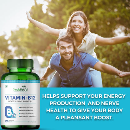 Simply Herbal Vitamin B12 Cyanocobalamin, Produce Red Blood Cells, Maintain Good Health, Boost Energy, Heart Health, Plant Based Supplements - 100 Capsules