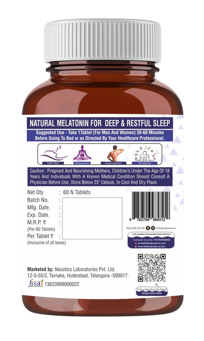 The Body Reserve Melatonin 10mg - 60 Veg Tablets for Sleep Support, Nerve Relaxation, and Stress Relief - Non-Habit Forming for Men & Women