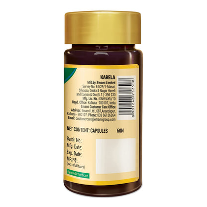 Zandu Karela Pure Herbs (Bitter Melon) for Healthy Sugar Levels and Improved Metabolism | 100% Natural & Authentic | Powerful Blood Purifier for Glowing Skin - 60 Veg capsules