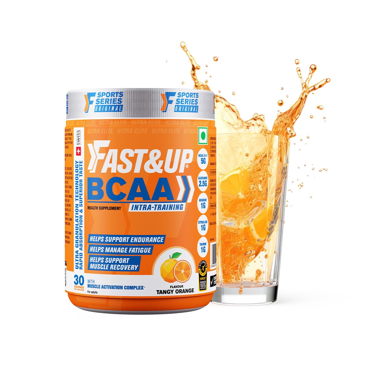 FAST&UP BCAA Orange Flavour Advanced BCAA Supplement with Glutamine, Citrulline, L-Arginine & Taurine - Pre/Post Workout & Intra Workout Supplement Powder for Adults(450gm, 30 Servings)