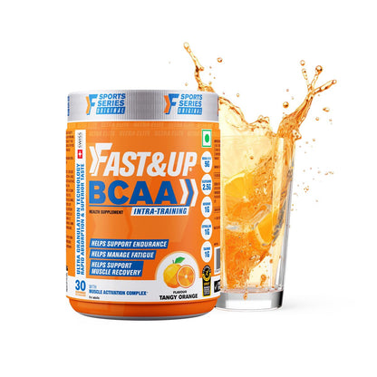 FAST&UP BCAA Orange Flavour Advanced BCAA Supplement with Glutamine, Citrulline, L-Arginine & Taurine - Pre/Post Workout & Intra Workout Supplement Powder for Adults(450gm, 30 Servings)