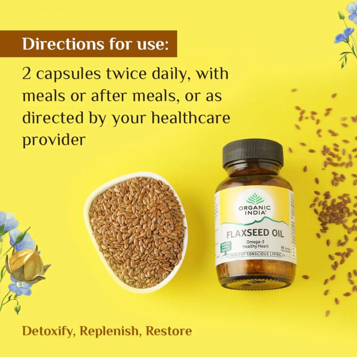 A TATA Product - Organic India Flaxseed Oil - 60 Veg Capsules, Natural Omega-3, Helps Reduce Cholesterol, Supports Healthy Skin, Hair & Nails, Joint Flexibility, GMP & NPOP Certified Organic