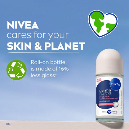 NIVEA Derma Control Even Tone Underarm Deo Roll-On for Women | Smoother & Brighter Underarms | 72H Derma Active Protection | With Pure Hyaluronic Acid & Vitamin C | 0% Alcohol | 50 ml
