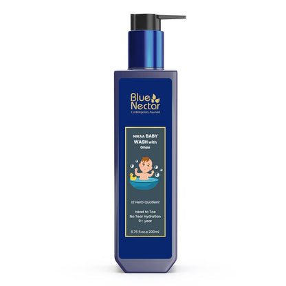 Blue Nectar Baby Wash for Bath with Organic Ghee | Gentle Cleanser Body Wash for Kids | Top to Toe Wash for Baby with Natural Moisturizer (200 ml, 9 Herbs)