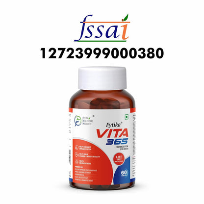 Fytika Vita 365-60 Tablets (Pack of 1) | Multivitamin For Men and Women | With Ashwagandha, Ginseng, Probiotics & Prebiotics and Biotin| Enhances Energy, Immunity and Digestion