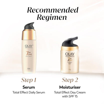 Olay Total Effects Day Cream |with Vitamin B5, Niacinamide, Green Tea, SPF 15 |Fights 7 signs of ageing for glowing, hydrated and younger looking skin with UV protection |Suitable for Normal, Dry, Oily & Combination skin |50 gm