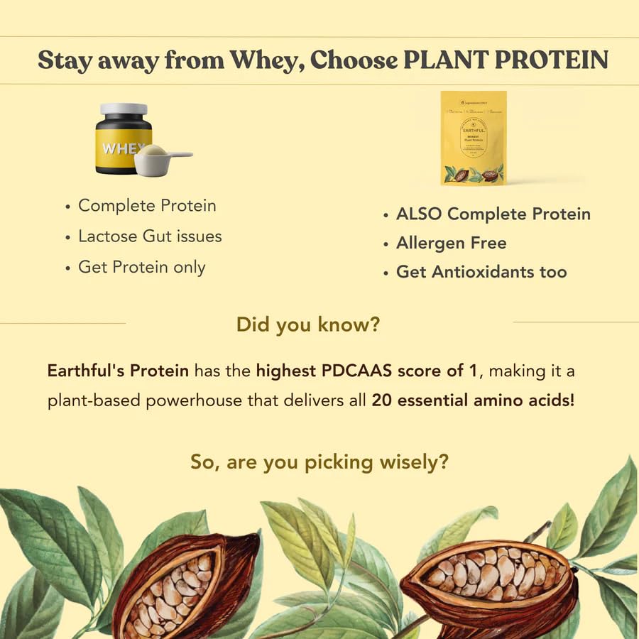 Earthful Honest Plant Protein | 24g Protein/Serving & 4.9g BCCAs | For Weight Management, Energy, Muscle Support & Recovery | Made with Pea & Brown Rice | Indonesian Cocoa - 504g