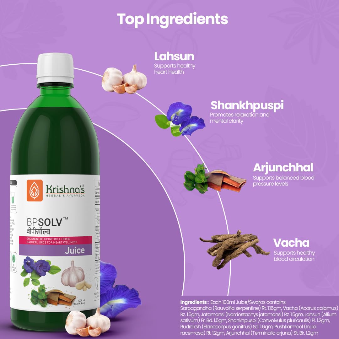Krishna's BPSOLV Juice with 8 Herbs â€“ Natural Support for Blood Pressure | Herbal Formula for Heart Health, Circulation & Overall Wellness - 1000 ml