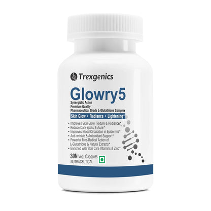 Trexgenics GLOWRY5 Advanced L-GLUTATHIONE Skin Care Complex with Skin Antioxidant Vitamins & Natural Herbs (30 Veg. Capsules) (Pack of 1)