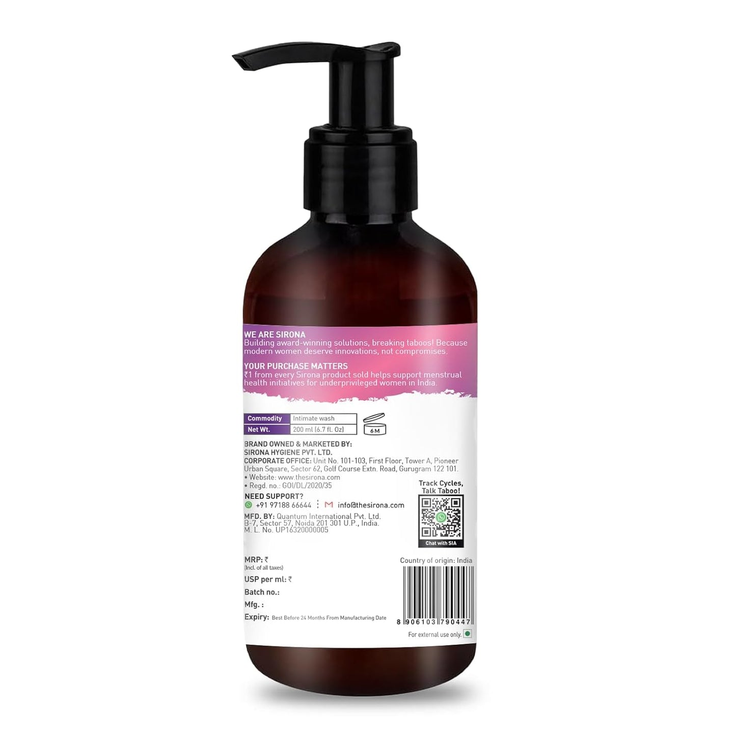 Sirona Natural Ph Balanced Intimate Wash, No Chemical Actives, 200 Ml