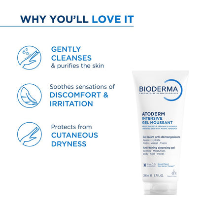 Bioderma Ultra-Soothing Foaming Gel Atoderm Intensive Gel Moussant | Anti-Itching Cleanser With Niacinamide, 200ml