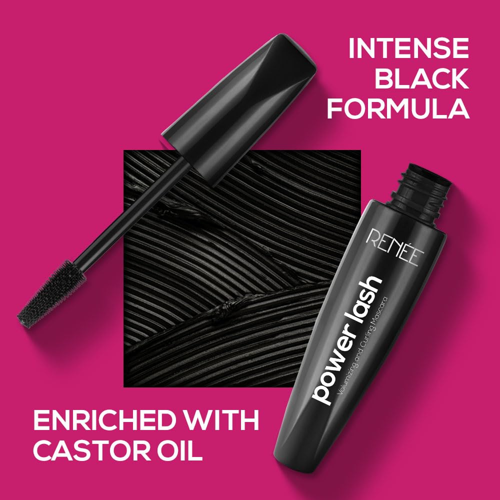 RENEE Power Lash Mascara, Darkest Black, Instantly Curls, Lengthens & Volumizes, Long-Lasting Clump-Free Formula, Water-Resistant, Highly Pigmented, Enriched with Castor Oil, 9.5ml