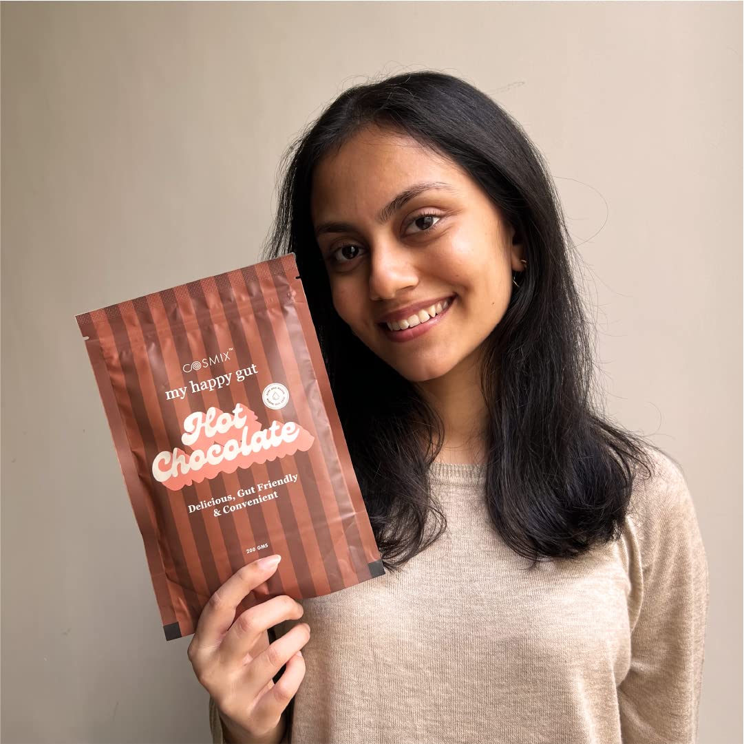 Cosmix My Happy Gut Hot Chocolate | For Improved Digestion & Overall Gut Health | Zero Refined Sugar, No Preservatives | Plant Based | Just add water & Enjoy | 200 gm - Makes upto 14 Cups