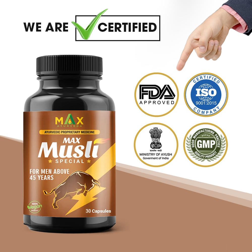 Max Ayurveda Musli Special Capsules For 45+ Men | Power, Strength, Energy and Stamina Booster | 100% Vegan | Premium Ayurvedic Supplement - (30 Capsules)