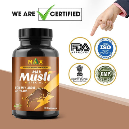 Max Ayurveda Musli Special Capsules For 45+ Men | Power, Strength, Energy and Stamina Booster | 100% Vegan | Premium Ayurvedic Supplement - (30 Capsules)