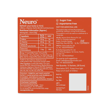 NeuroGum Energy Caffeine Gums (15 X 2 sachets) - Sugar Free with L-theanine + Natural Caffeine + Vitamin B12 & B6 - Energy & Focus Supplement for Women & Men - Cinnamon Flavor | Pack of 1 (30 Gums)