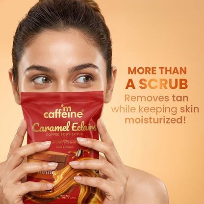 mCaffeine Caramel Eclairs Coffee Body Scrub for Removing Tan & Dead Skin| 10% Coffee Grounds, AHA- Glycolic & Lactic Acid | Smooth, Soft & Bright Skin| Sweet Caramel Fragrance - 175g