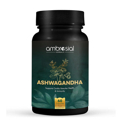 Ambrosial Ashwagandha 500mg | Herbal Supplement | 100% Natural & Vegan | High Strength | Immunity Support (Pack of 1-60 Capsules)