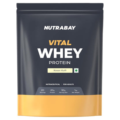 Nutrabay Gold Vital Whey Protein Powder for Beginners with Added Vitamins & Minerals â€“ Muscle Growth & Body Strengthâ€“ 1kg, Kesar Kulfi | Easy to Digest | 100% Authentic Imported Clean Protein
