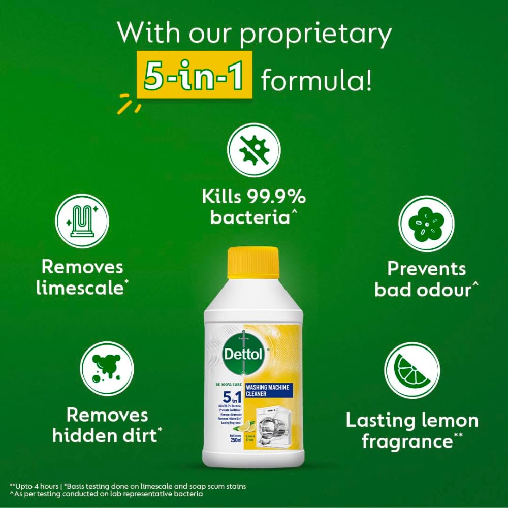 Dettol 5 in 1 Washing Machine Cleaner & Descaling Liquid for top load and front load| Lemon 250ml | Removes Limescale, Dirt and Bad odour | Kills 99.9%* Bacteria